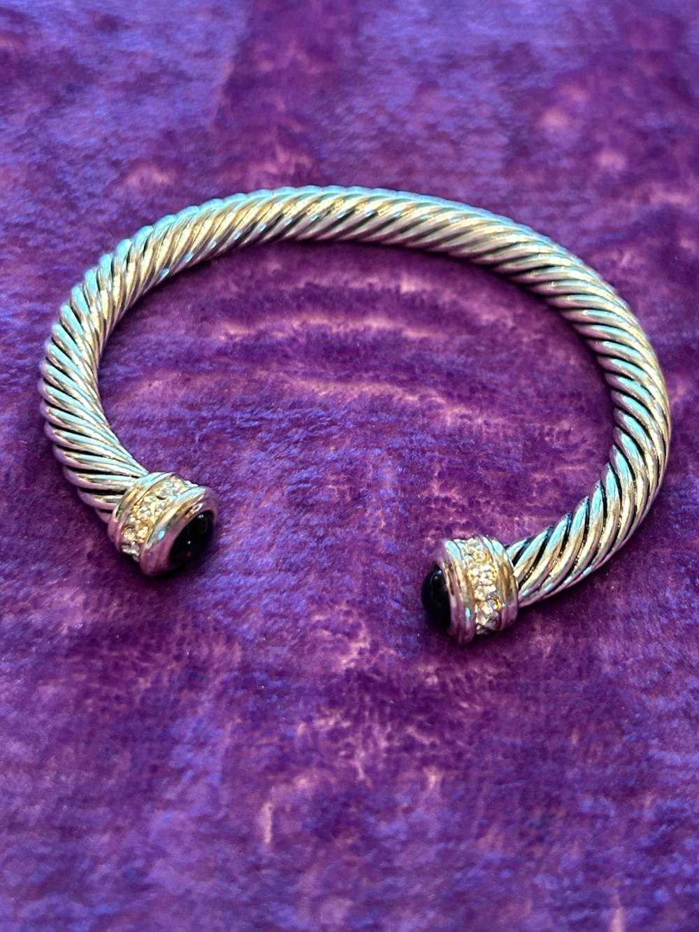 Sterling-Tone Twisted Cable Cuff Bracelet with Black Gem End Caps